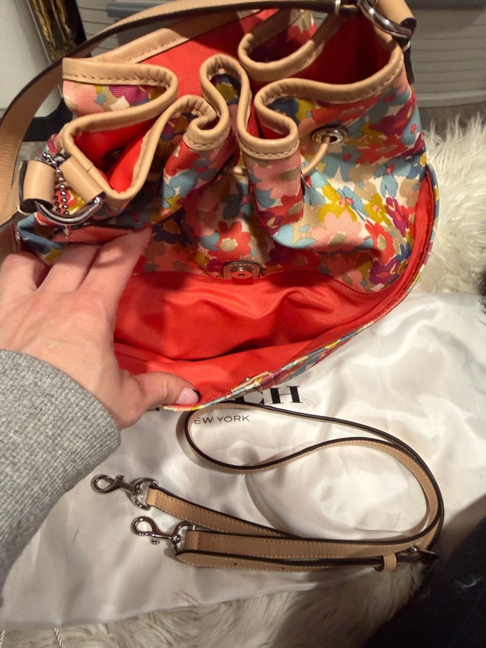 Coach Floral Drawstring Bucket Bag - Pink, Red, Blue, Yellow, Cream - Picture 6 of 15